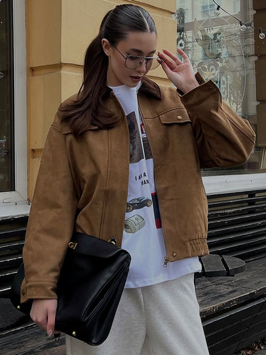 Damen Trendige Wildlederjacke mit fransigen Details EB