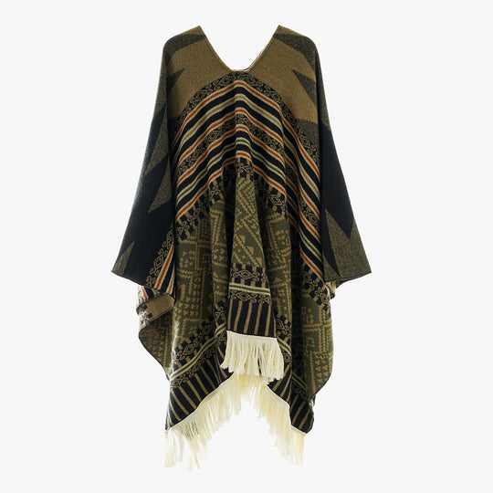 Damen Jacquard‑Ruana im Deckenstil mit V‑Ausschnitt, geometrischem Ethno‑Muster und Fransensaum EB