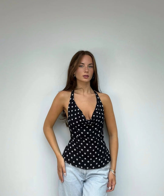 Damen elegantes Top mit lässigem V-Ausschnitt und Punkte-Muster EB