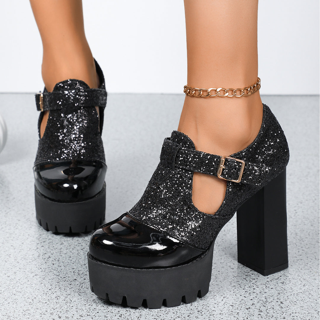 Damen Chunky Glamour-Pumps mit glitzerndem Obermaterial und stabiler Plattform EB