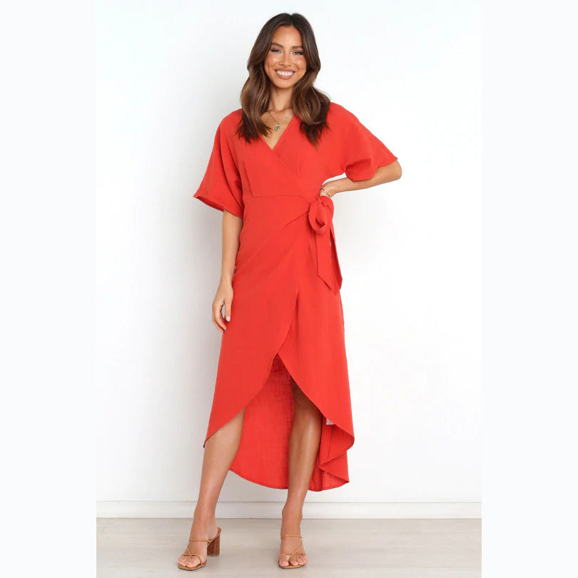 Damen Wickelkleid mit elegantem V-Ausschnitt und modischem Taillengürtel EB