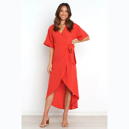 Damen Wickelkleid mit elegantem V-Ausschnitt und modischem Taillengürtel EB