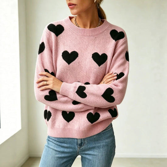 Damen Herz-Intarsien Rundhalspullover mit lässiger Oversize-Passform EB