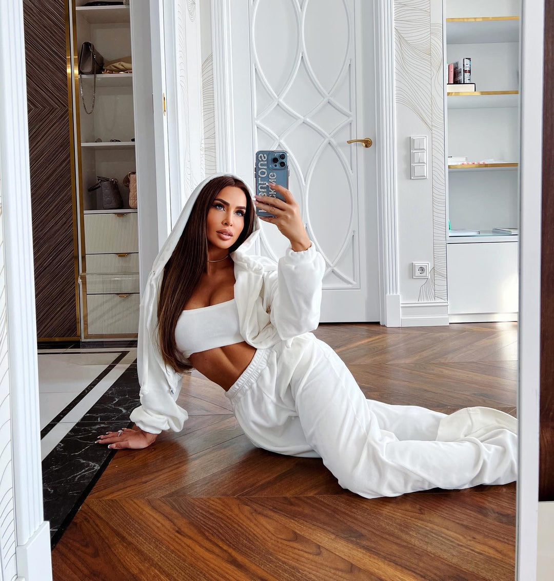 Damen nan kurzes Samt Trainingsset mit Reißverschluss Hoodie und weiter Bund Jogginghose EB