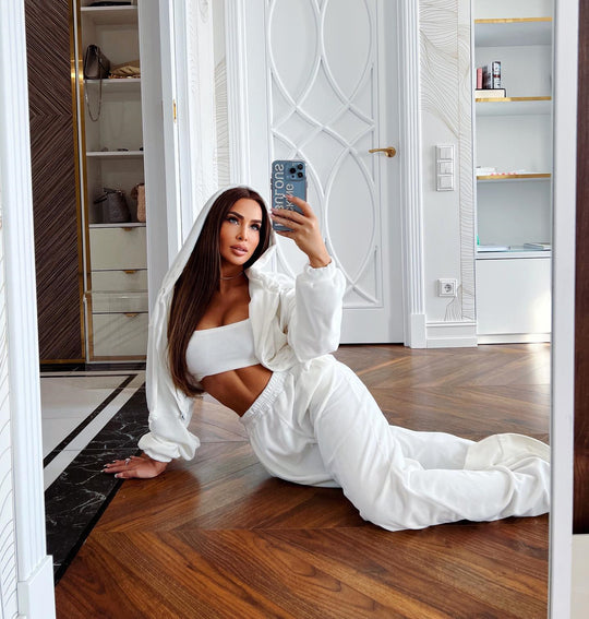 Damen nan kurzes Samt Trainingsset mit Reißverschluss Hoodie und weiter Bund Jogginghose EB