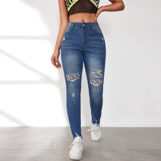 Damen Ripped Skinny Jeans mit modischen Leoparden-Applikationen EB