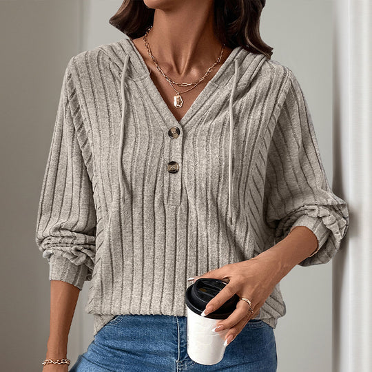 Damen Strickpullover mit Kapuze und Knopfdetail EB