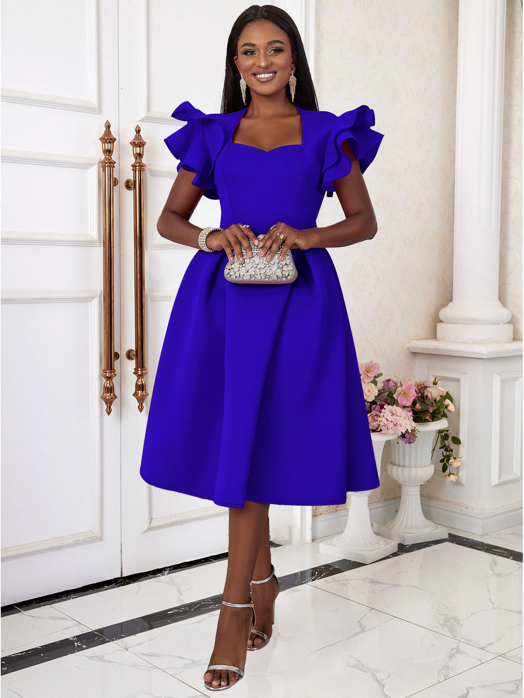 Damen elegantes Kleid mit voluminösen Rüschensäumen EB