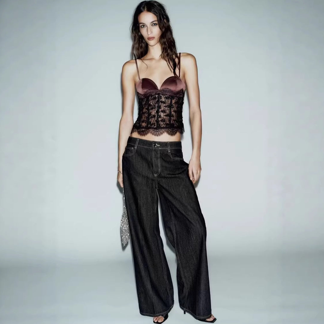 Damen Spitzen-Crop-Top mit herzförmigem Ausschnitt und eleganter Bundkante EB