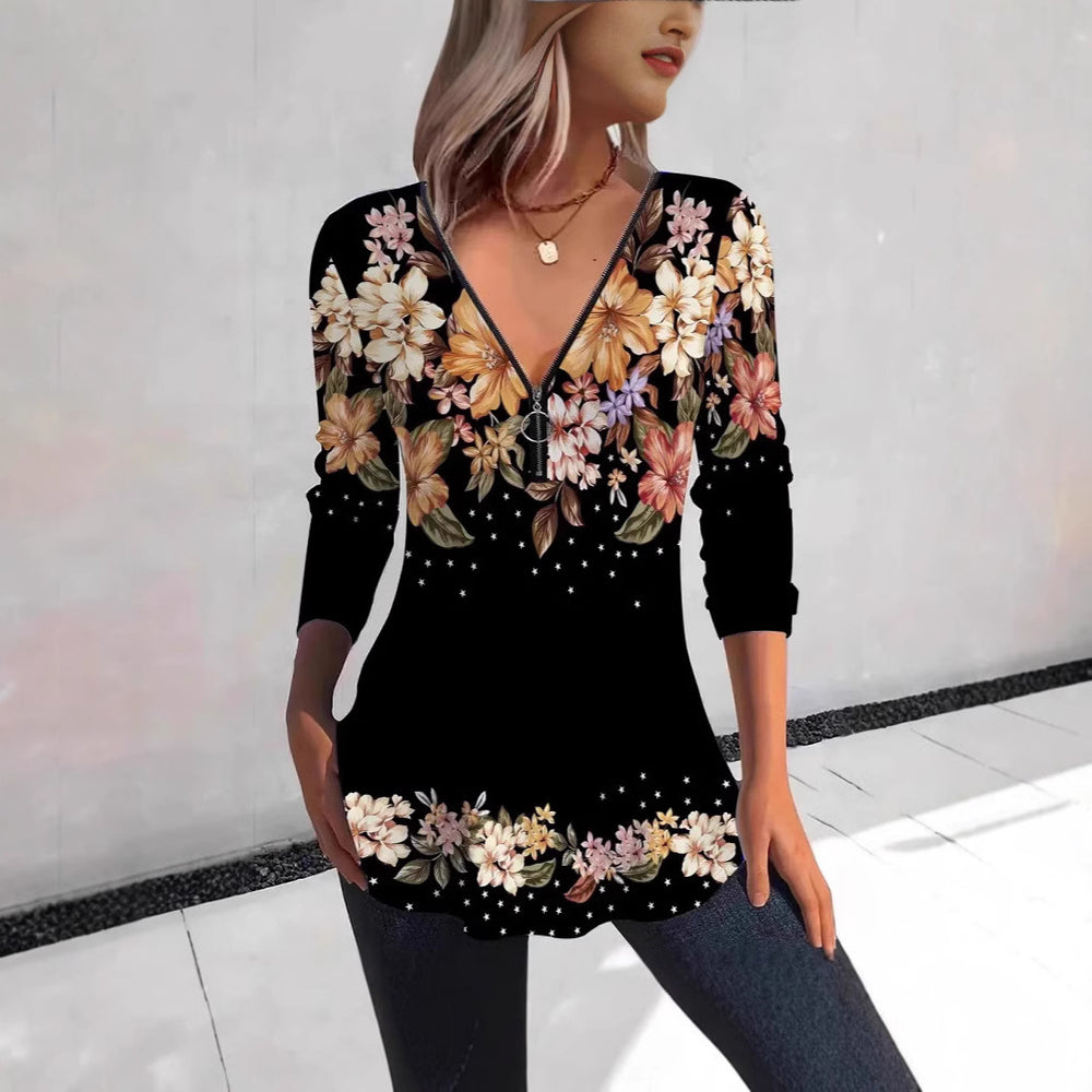 Damen Bluse mit floralen Mustern und V-Ausschnitt EB