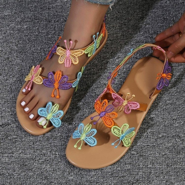 Damen Zehentrenner-Sandalen mit buntem Schmetterlingsdesign EB