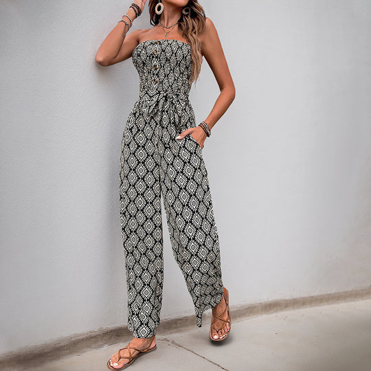 Damen Alltagsjumpsuit mit elastischem Oberteil und modischem Muster EB