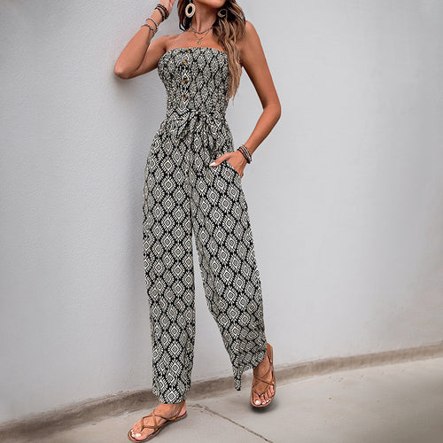 Damen Alltagsjumpsuit mit elastischem Oberteil und modischem Muster EB