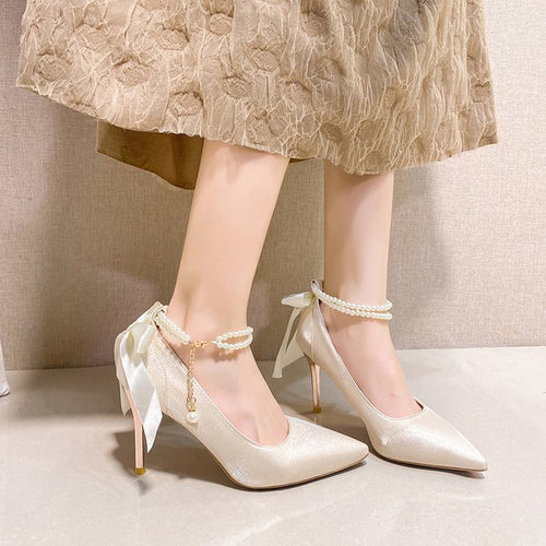 Damen Spitzenhigh Heels mit Perlenakzenten und elegantem Schleifenverschluss EB