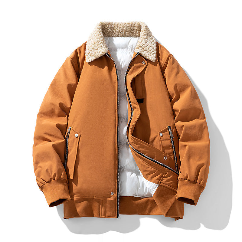 Men's  premium sherpa-collar insulated aviator bomber with storm flap and zippered angled pockets EB