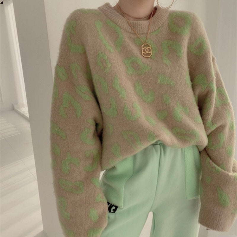 Damen Flauschiger Leopardenmuster Pullover EB
