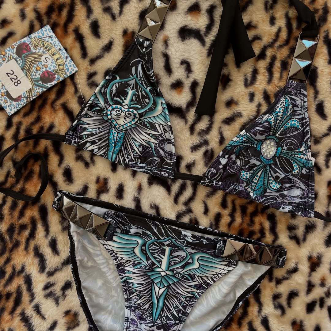 Damen Triangel-Bikini mit floralem Muster und Strass-Applikationen EB
