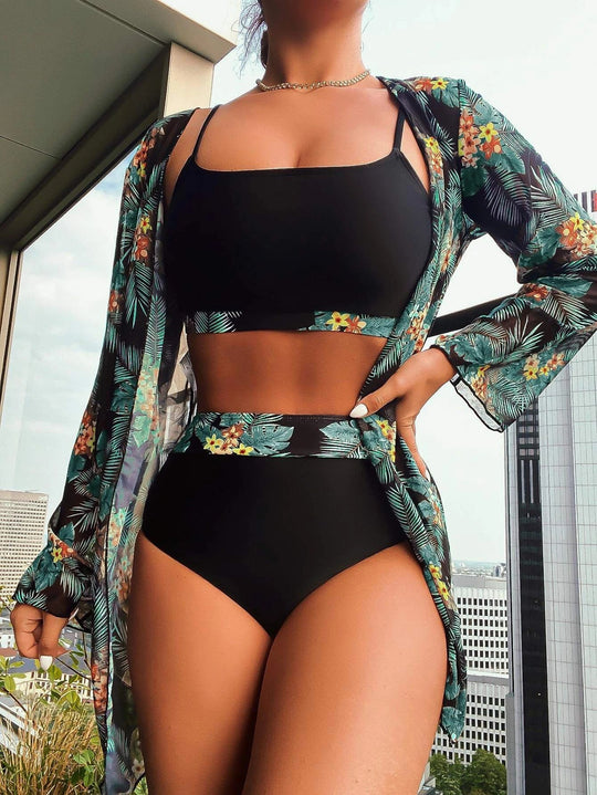 Damen Bikini-Set mit hochgeschnittenem Höschen und floralem Kimono EB