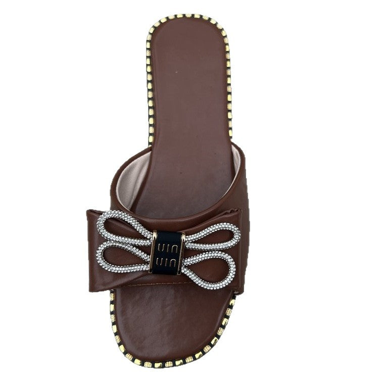 Damen elegante Riemchen-Pantoletten mit funkelnder Schleifen-Applikation EB