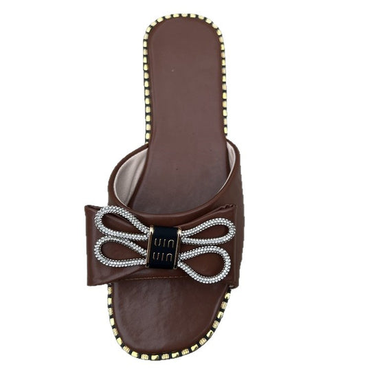 Damen elegante Riemchen-Pantoletten mit funkelnder Schleifen-Applikation EB