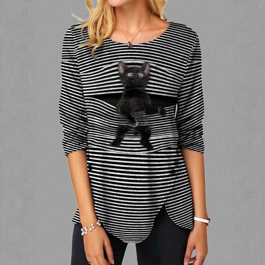 Damen lässige T-Shirt mit Katzenmotiv EB