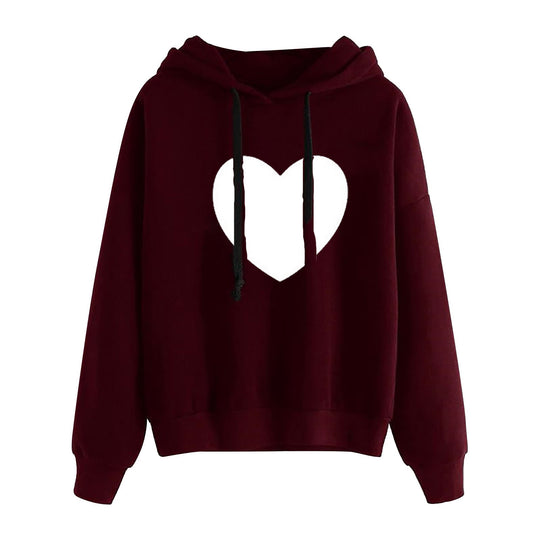 Damen nan leichter Oversize Kapuzenpullover mit Herz‑EKG‑Motiv, langen Kordeln und elastischem Bund EB