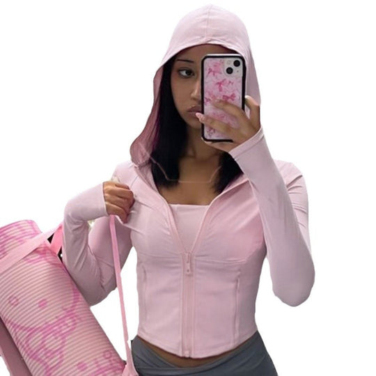 Damen nan kurzes Ripp-Kapuzenhoodie mit halbem Reißverschluss, langen Ärmeln und Daumenloch EB