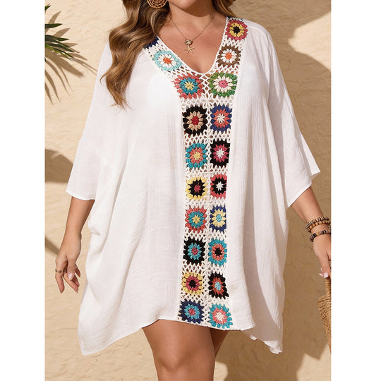 Damen Strandkaftan mit bunten Häkelelementen und V-Ausschnitt EB