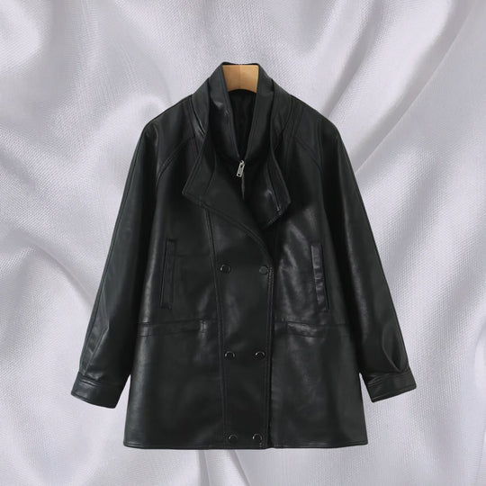 Damen Kunstlederjacke mit breitem Revers und praktischen Taschen EB