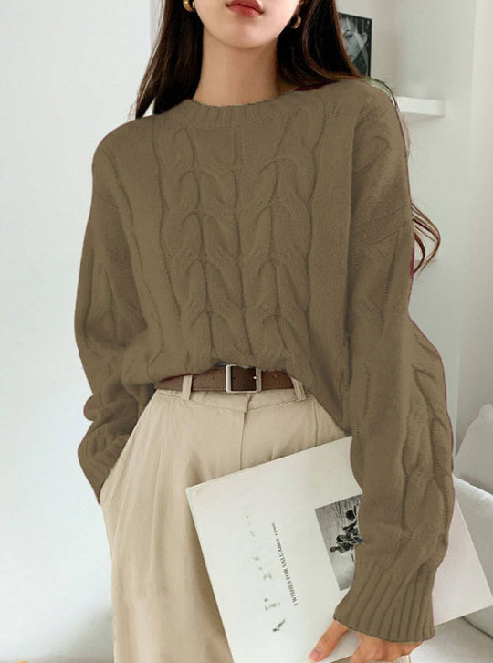 Damen Gemusterter Strickpullover mit voluminösen Ärmeln und Rundhalsausschnitt EB