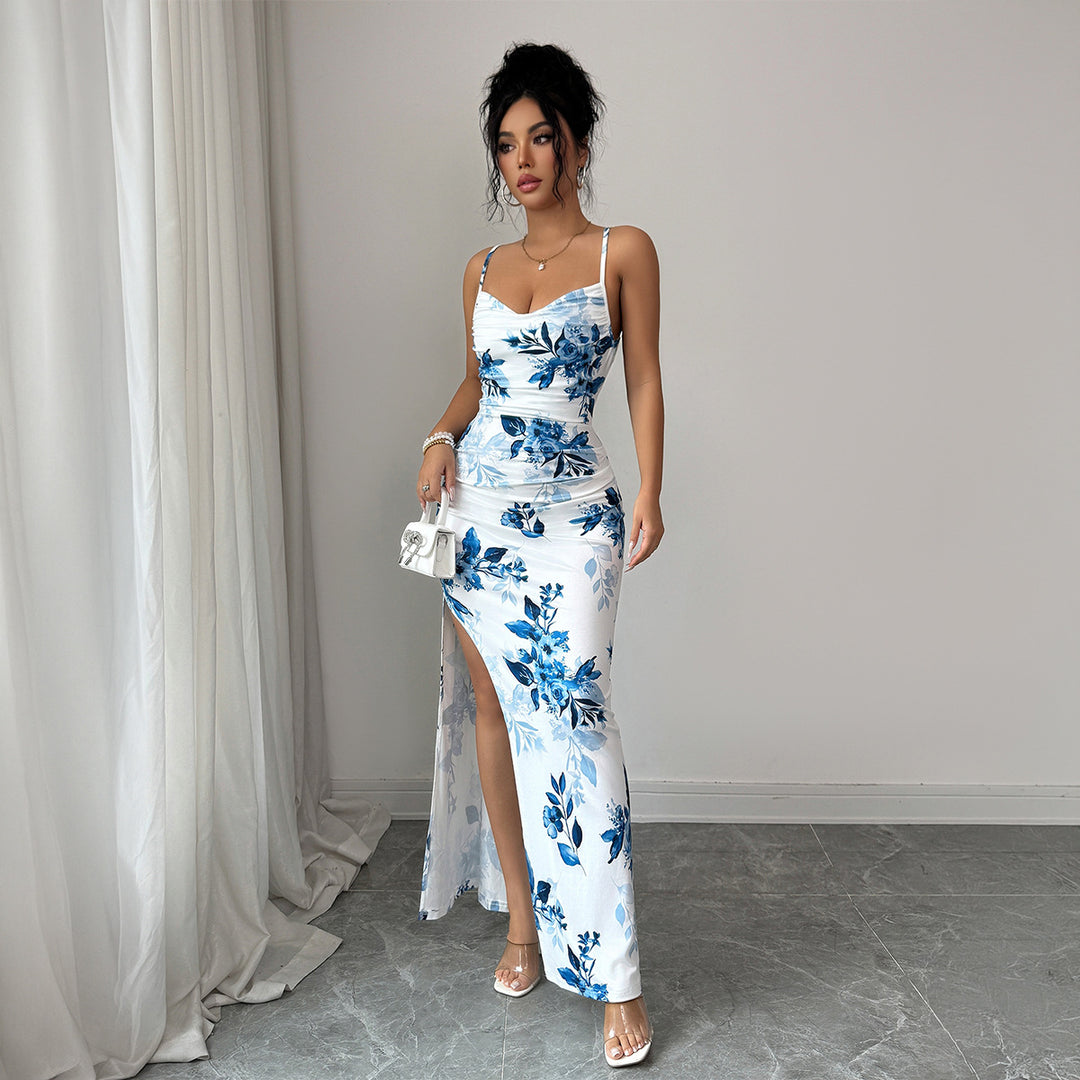 Damen Maxi-Kleid mit seitlichem Schlitz und blumigem Design EB