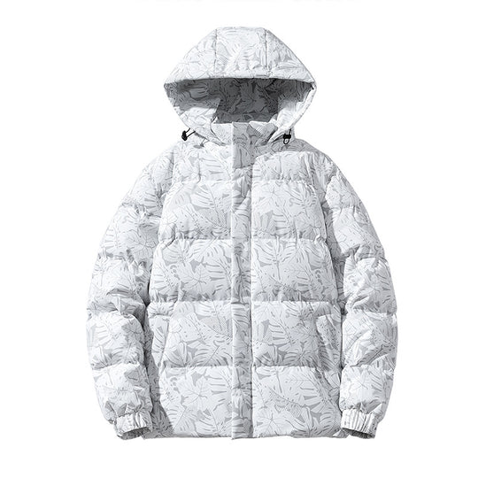 Herren gesteppte Daunenoptik-Kapuzenjacke mit botanischem Allover-Print, windabweisender Außenhülle und thermischer Synthetikfüllung EB
