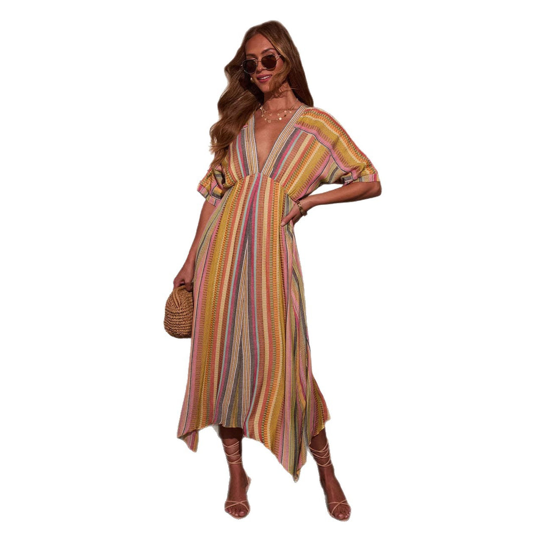 Damen Maxikleid mit tiefem V-Ausschnitt und schwingendem Rock EB