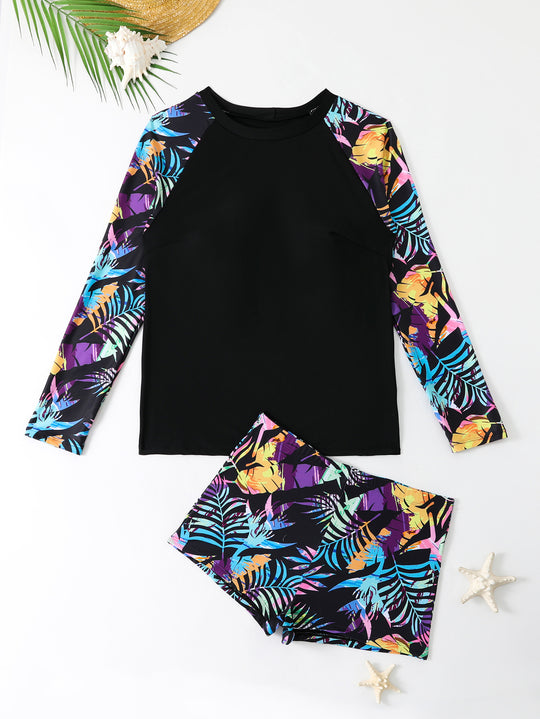 Damen Sportlicher Langarm-Badeanzug mit floralem Muster EB