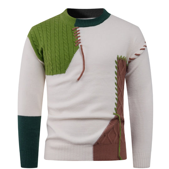 Herren nan Patchwork-Strickpullover mit Zopfstrick-Einsätzen und dekorativen Nahtapplikationen EB