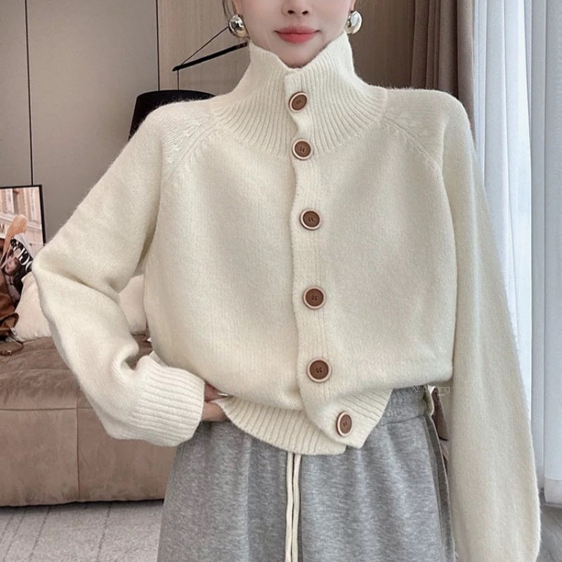 Damen kuscheliger Hochkragen-Cardigan mit Knopfdetails EB
