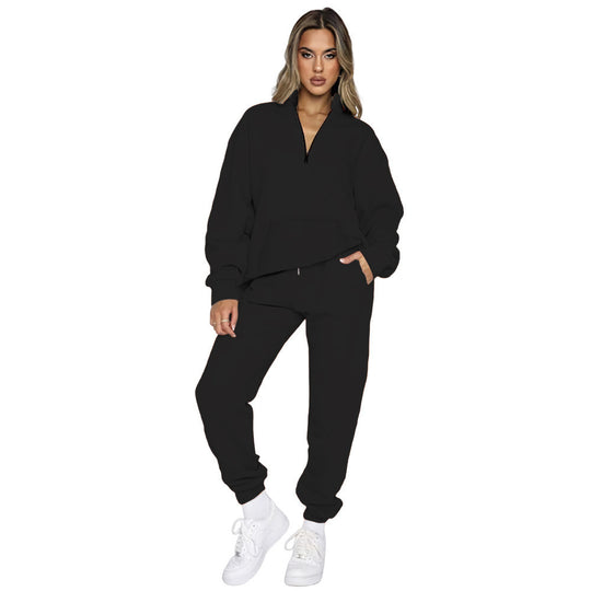 Damen nan French‑Terry Relax‑Loungewear‑Set mit halbem Reißverschluss, Kängurutasche und taillierter, schmal zulaufender Jogginghose EB