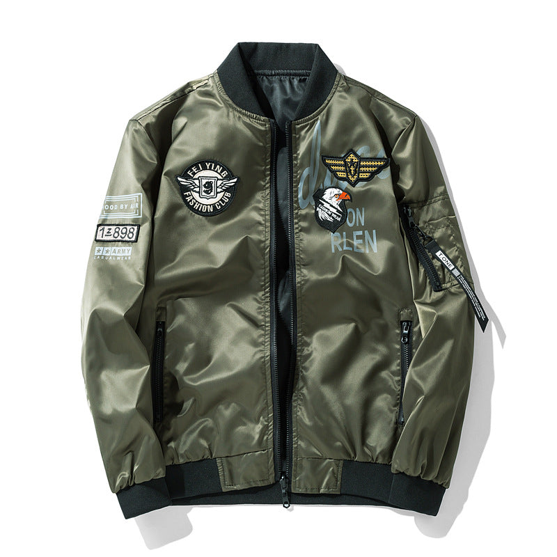 Men's  satin flight-style bomber jacket with embroidered patches and zip utility sleeve pocket EB