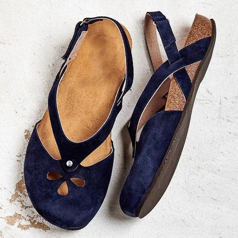 Damen nan geschlossene Slingback-Sandale aus Veloursleder mit ergonomischem Kork-Fußbett und dekorativen Loch-Aussparungen EB