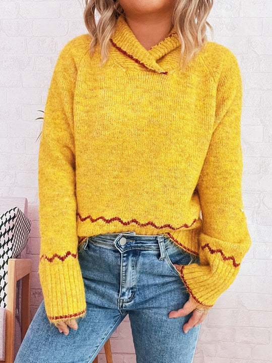 Damen lässiger Strickpullover mit modischem Kragen und fransigen Akzenten EB