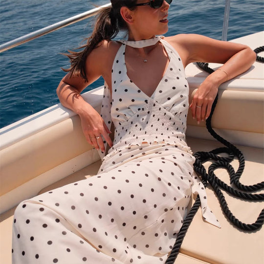 Damen Polka-Dot Midi-Set mit tailliertem Top und weitem Rock EB