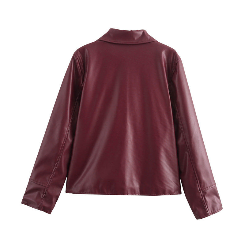 Damen Kunstlederjacke mit modernem Stehkragen und praktischen Reißverschlusstaschen EB