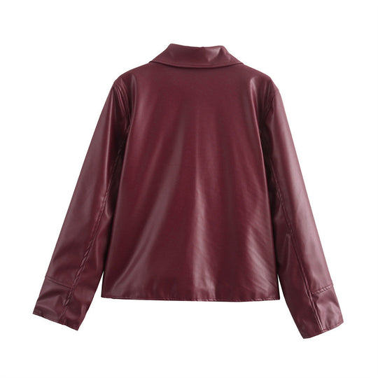 Damen Kunstlederjacke mit modernem Stehkragen und praktischen Reißverschlusstaschen EB