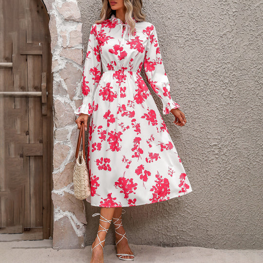 Damen Maxikleid mit floralem Print und angenähtem Bindeband EB