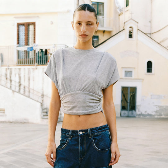 Damen Crop-Top mit modischen Rüschendetails und strukturiertem Design EB