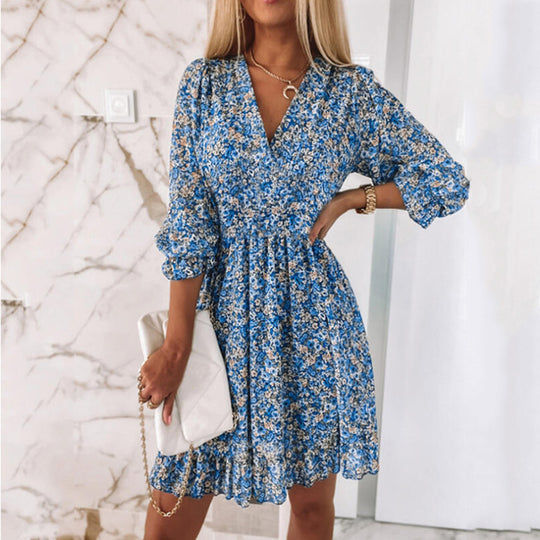 Damen Blümchenkleid mit V-Ausschnitt und Puffärmeln EB