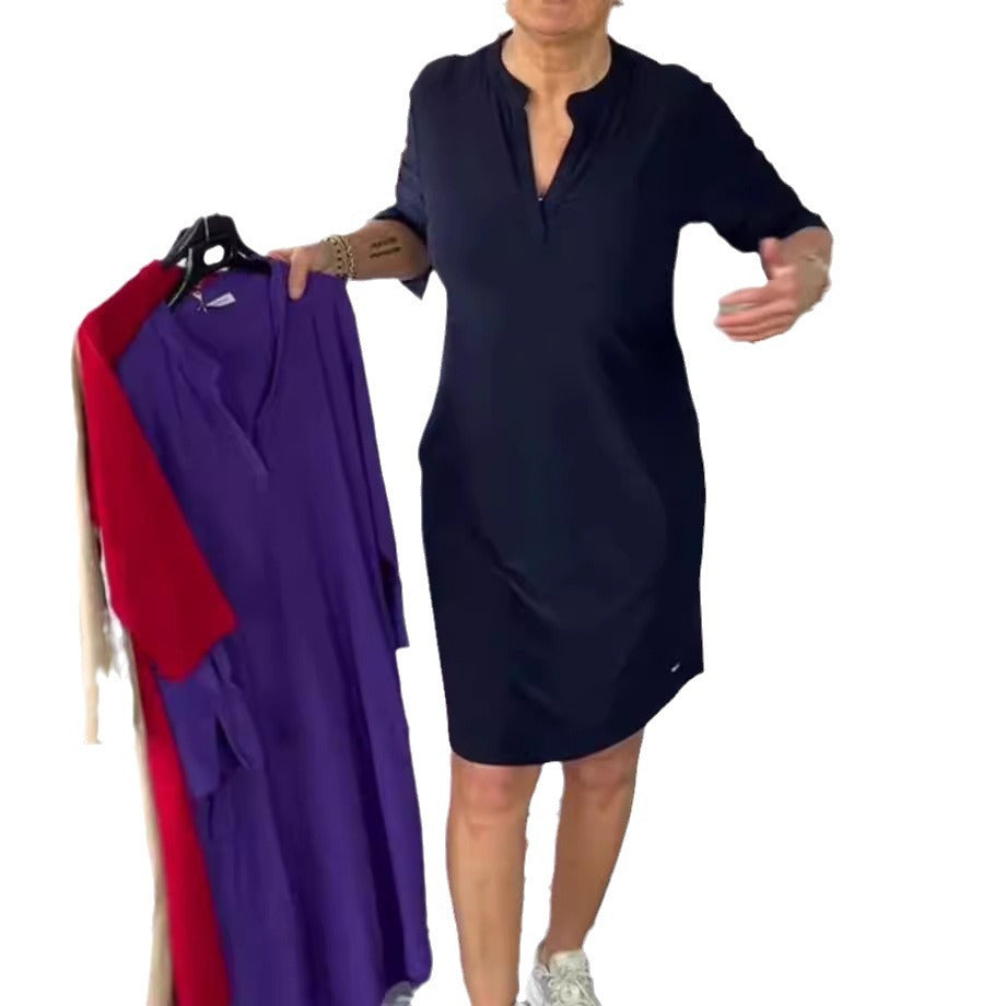 Damen Freizeitkleid mit modernem Stehkragen und seitlichen Taschen Heidi-Mode