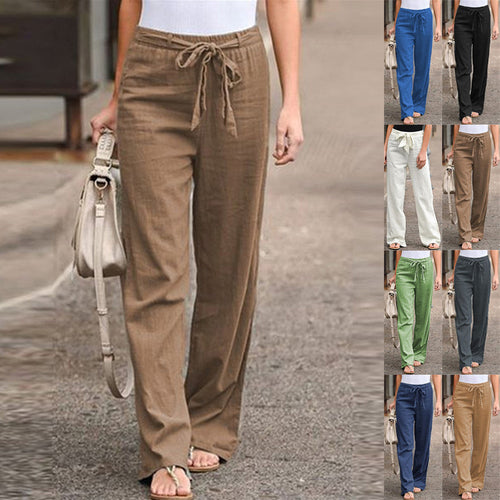 Damen nan lässige Leinenmix Weitebein Hose mit Kordelzug EB