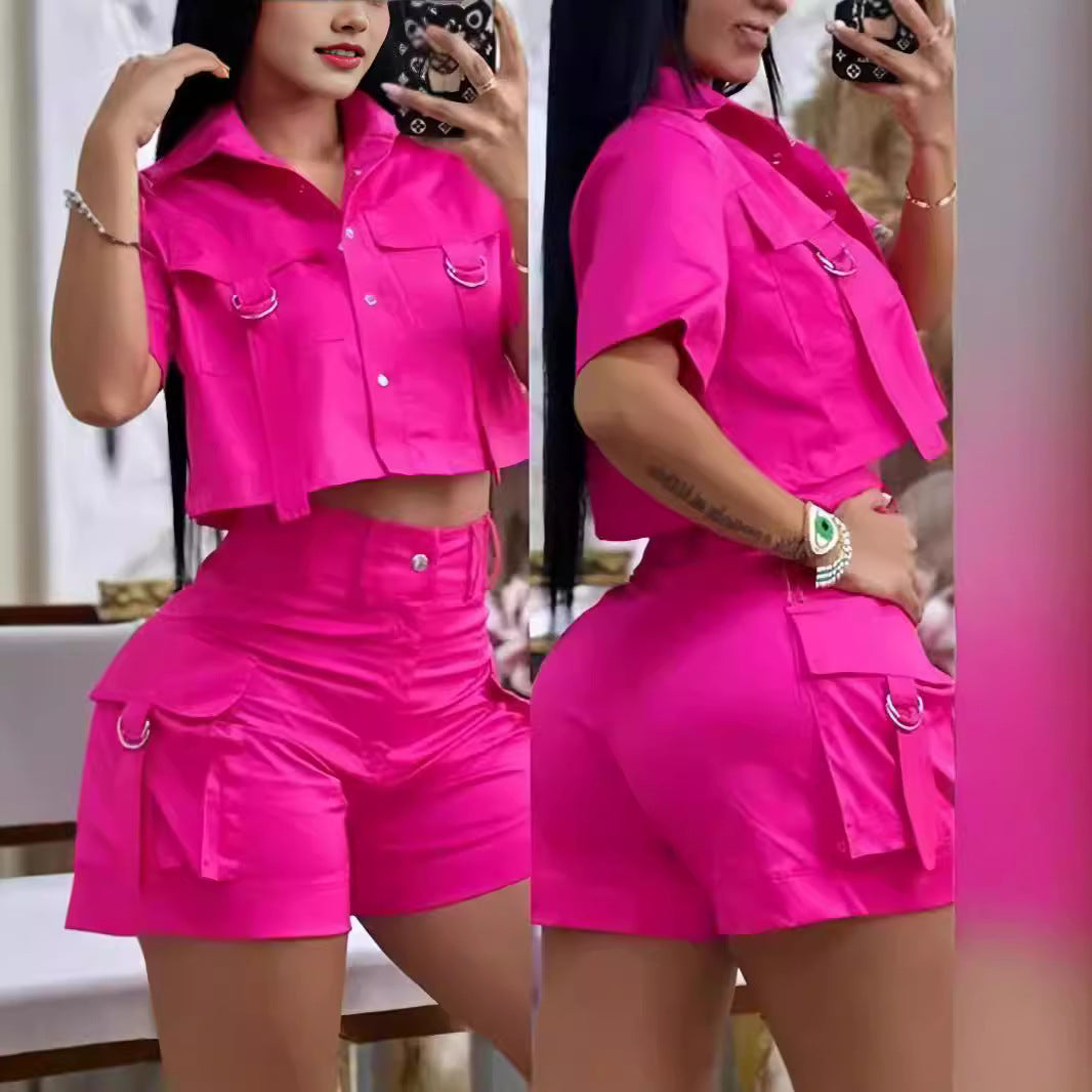 Damen Modisches Zweiteiliges Set mit cropped Oberteil und praktischen Cargo-Shorts EB
