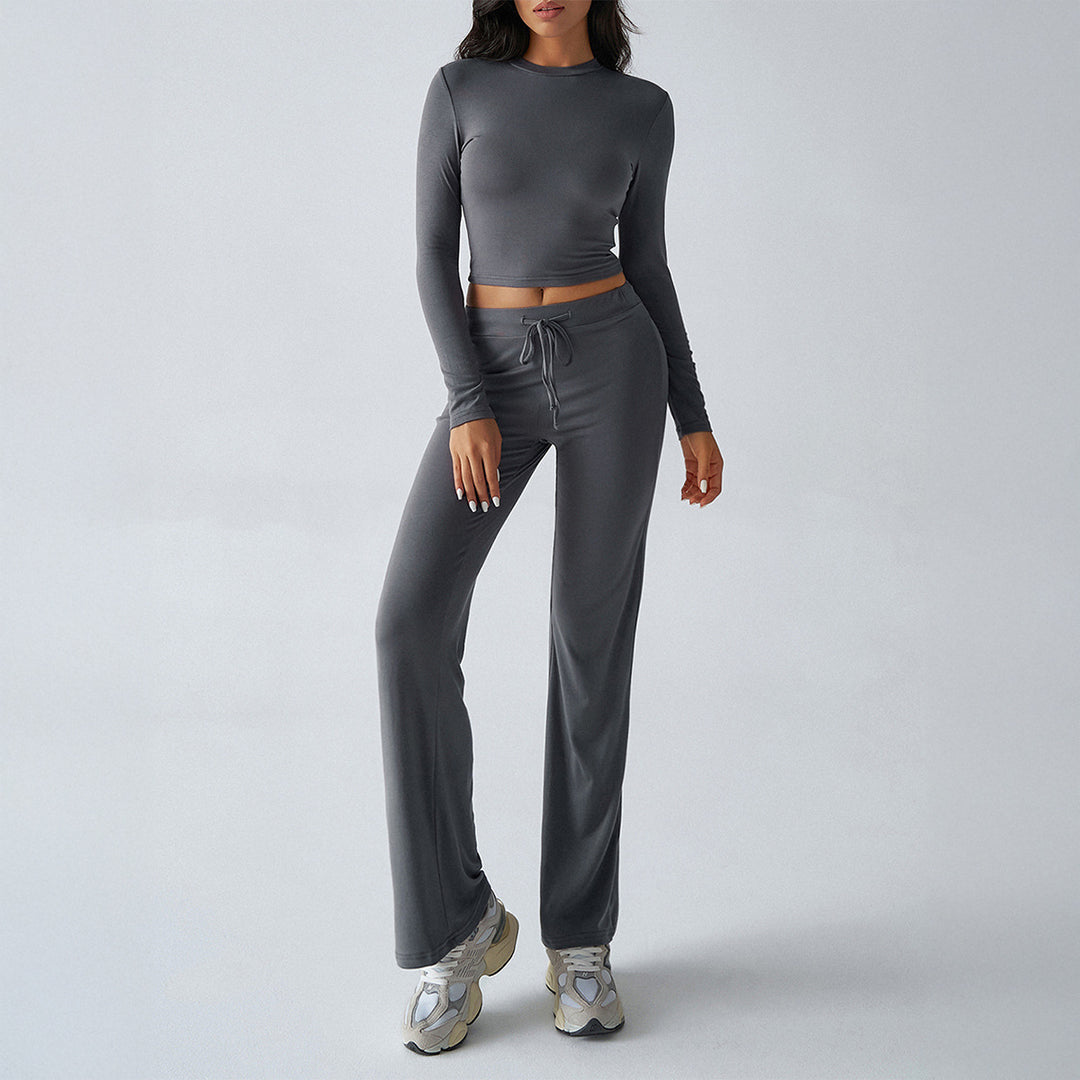 Damen nan tailliertes Longsleeve-Crop-Top und weite Lounge-Hose im Zweiteiler-Set aus Stretchjersey EB